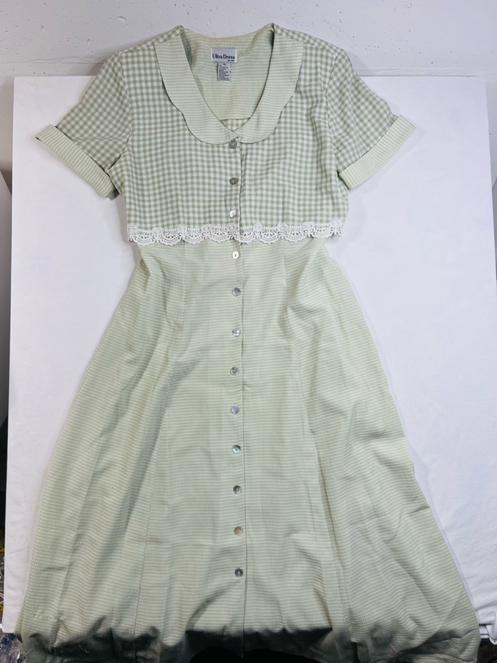 Vintage Ultra Dress Brand Women's Sage Green Gingham Plaid Midi Dress